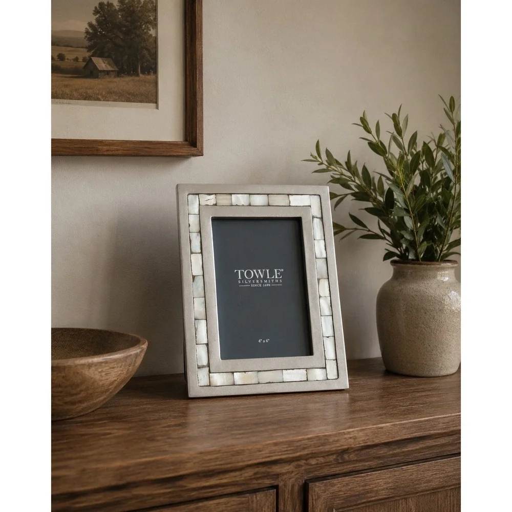 Towle Silversmiths 4x6 Silver Mother of Pearl Mosaic Brick Inlay Photo Frame
